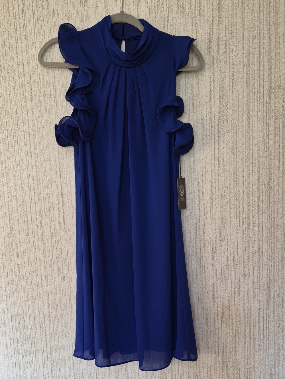 Vince Camuto Size 8 Cobalt Blue Ruffle Sleeve Mock Neck Dress New With Tags